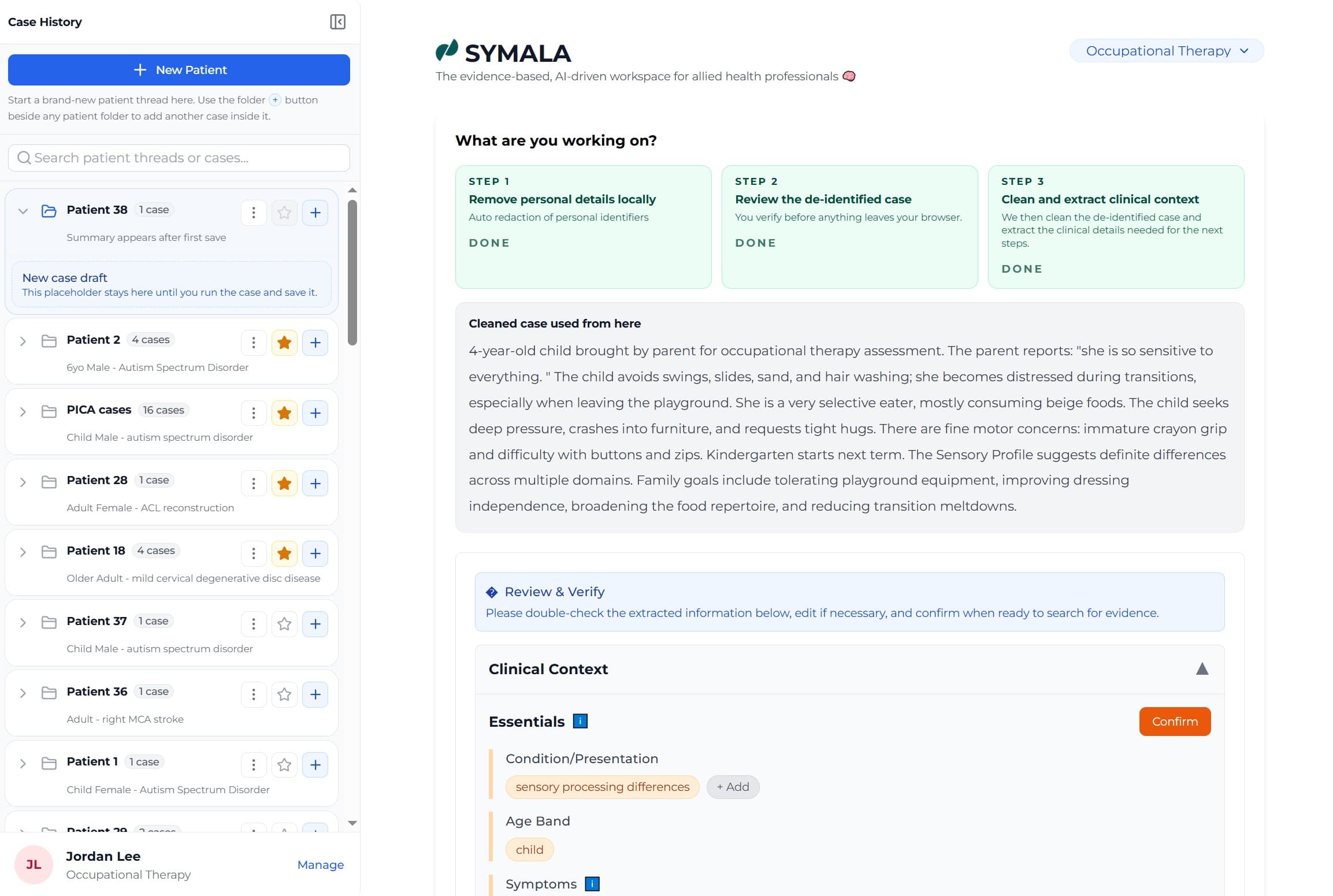 SYMALA de-identification and context extraction workspace